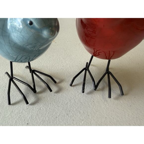 Ceramic Crackle Glazed Garden Bird Metal Feet Blue Jay Red Bird Cardinal 4"×5" - Picture 6 of 9